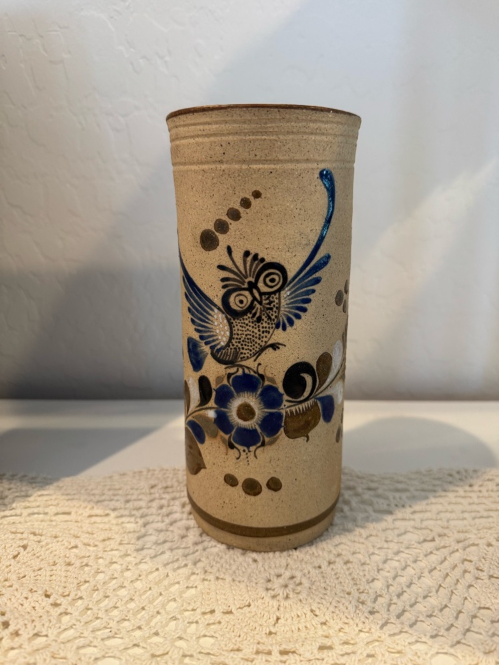 Signed GF Tonala Owl Vase 8” Hand Painted Mexican Folk Art EUC Vintage